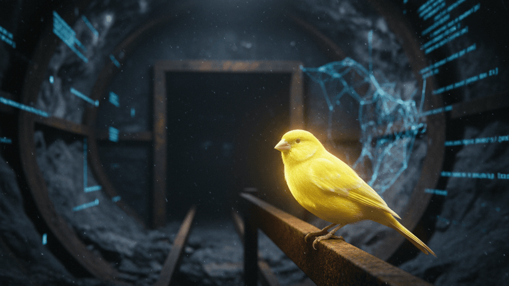 An AI generate image of a glowing yellow canary in a digital dark mine shaft